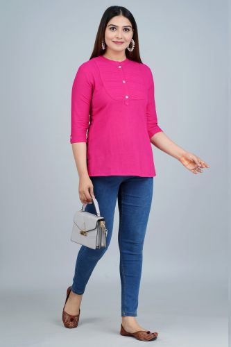 Pink Solid Pleated Cotton Top