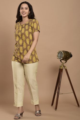 Brown and Mustard Printed Casual Cotton Top