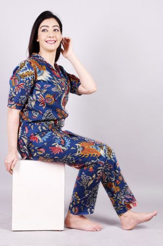 Royal Blue Printed Cotton Night Suit