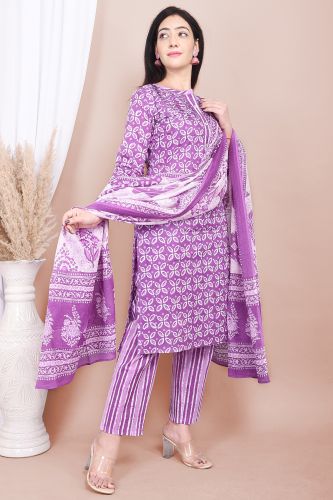 Premium Cotton Purple Pintex Kurta with Palazzo Pants and White Dupatta Ethnic Set