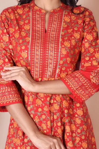 Red and Golden Printed Long A-Line Rayon Kurta