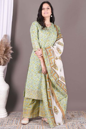 Green Printed Cotton Kurta with Palazzo and a Dupatta