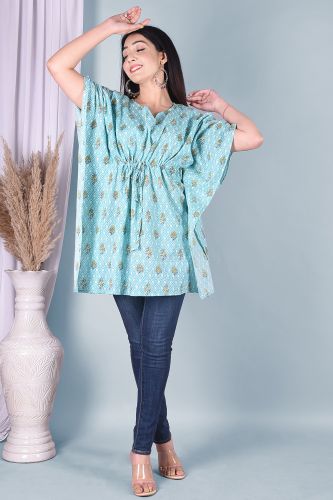 Light Blue Printed Kaftan Cotton Top