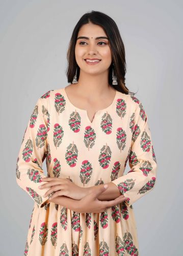 Beige Floral Printed Flared A-Line Rayon Kurta