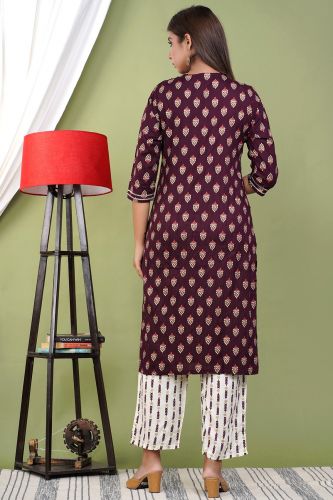 Magenta Embroidered Straight Kurta With Printed Palazzo