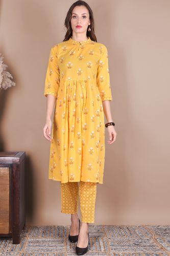 Yellow Printed Flared Cotton Kurta with Printed Palazzo