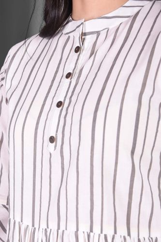 Grey and White Striped Printed Flared Casual Cotton Top
