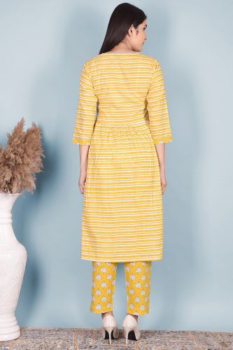 Cotton A-Line Yellow Kurta Eith Striped Palazzo