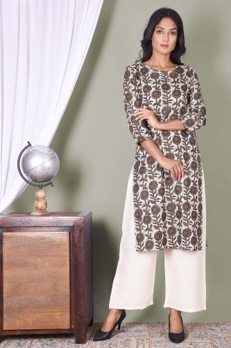 Flower Printed Green Cotton Kurti