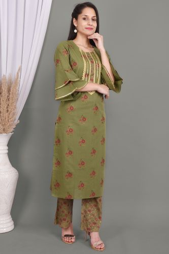 Green Lace Work Floral Printed Kurta With Palazzo