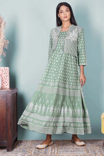 Light Green Printed Rayon Kurta With Embroidered Jacket