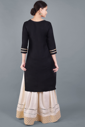 Solid Black Kurta with Off-white Skirt Dupatta Set