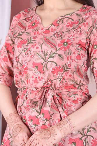 Premium Cotton Mauve and Pink Printed Cotton Top with Belt