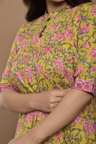 Lime Green and Pink Floral Printed A-Line Kurta with Printed Palazzo Pants Set