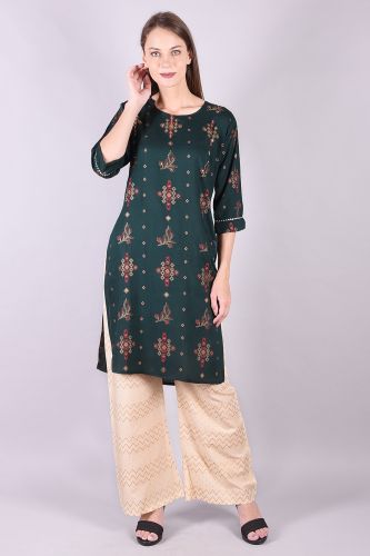 Handwork Printed Green Kurta With Beige Palazzo Set