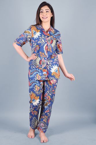 Royal Blue Printed Cotton Night Suit