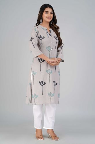 Grey Abstract Printed Straight Cotton Kurta