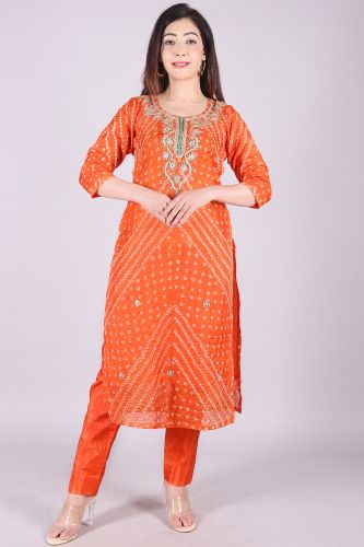 Cotton Silk Orange Bandhej Heavy Embroidery Kurta with Trouser and Dupatta