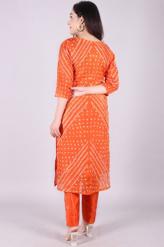 Cotton Silk Orange Bandhej Heavy Embroidery Kurta with Trouser and Dupatta