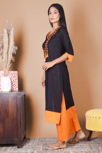Solid Black Embroidered Rayon Kurta
