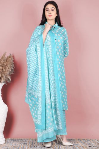 Sea Blue Printed Straight-Fit Cotton Kurta with Striped Palazzo & Dupatta