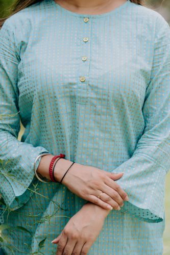 Light Blue Cotton Gold Printed Ethnic Top