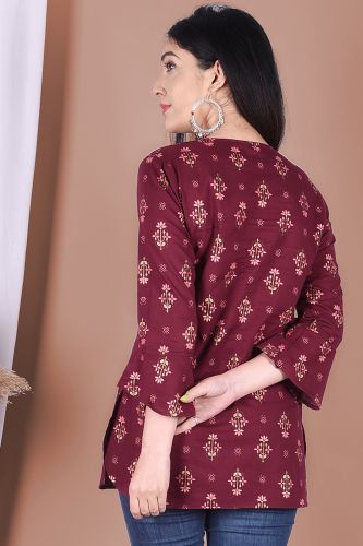 Burgundy Ethnic Printed Cotton Top