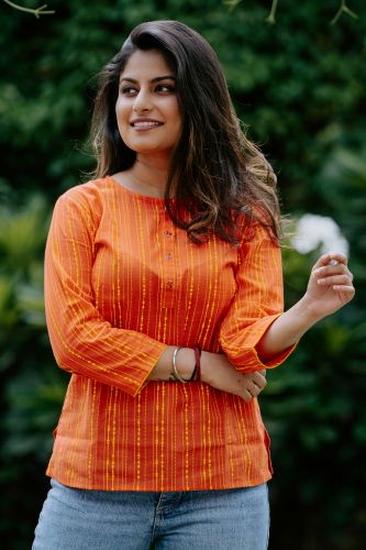Orange Printed Cotton Ethnic Top