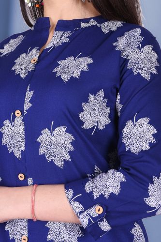Royal Blue Leaf Print Straight Rayon Kurta