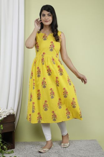 Yellow Floral Printed A-Line Sleeveless Cotton Kurta