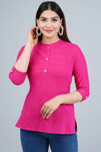 Pink Solid Pleated Cotton Top