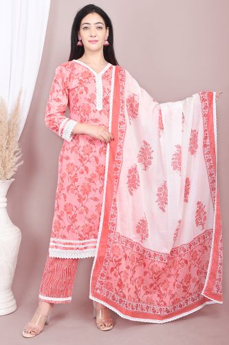 Premium Cotton Pink Kurta with Lace Work and Printed Palazzo Pant with White Dupatta
