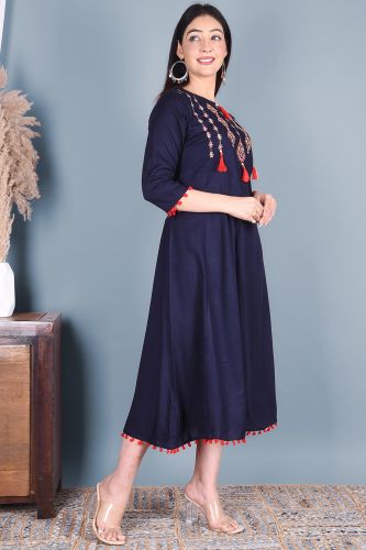 Solid Navy Blue Embroidered Rayon A-Line Kurta