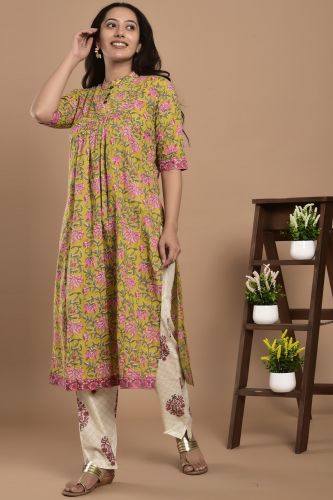 Lime Green and Pink Floral Printed A-Line Kurta with Printed Palazzo Pants Set