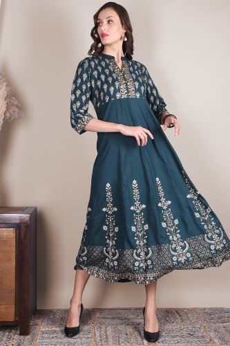 Premium Gold Printed Blue Rayon Kurta 