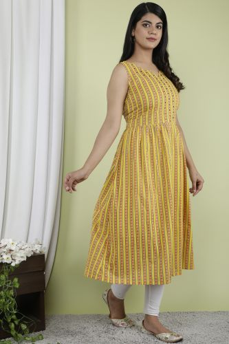 Yellow Stripes Printed A-Line Flared Sleeveless Cotton Kurta