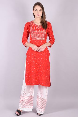 Embroidered Red and White Bandhani Kurta Palazzo Set