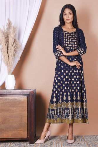 Blue and Golden Printed Rayon Kurta