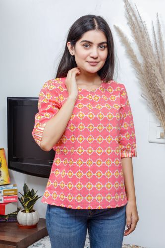 Pink Printed Casual Cotton Top