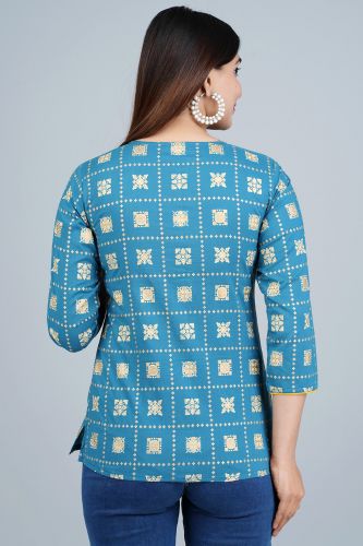 Blue Gold Printed Casual Rayon Top