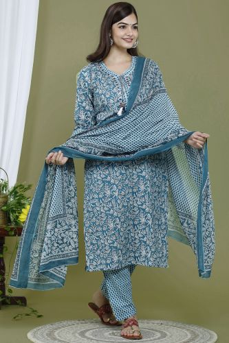 Teal Color Cotton Kurta With Pant & Dupatta