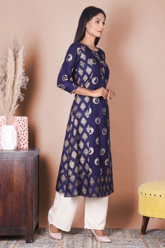 Navy Blue And Gold printed A-Line Rayon Kurta