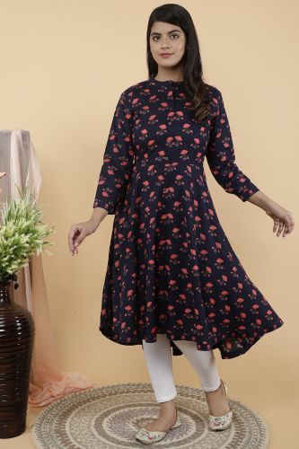 Navy Blue Floral Printed A-Line Flared Cotton Kurta