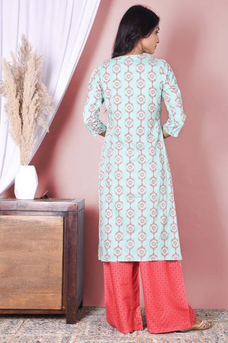 Light blue Printed with Handwork Rayon Kurta and Printed Palazzo Set