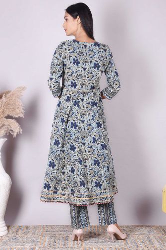 Blue Printed Anarkali Cotton Kurta with Printed Palazzo and Dupatta Set