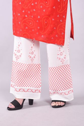 Embroidered Red and White Bandhani Kurta Palazzo Set