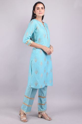 Printed Sky Blue Kurta with Trouser