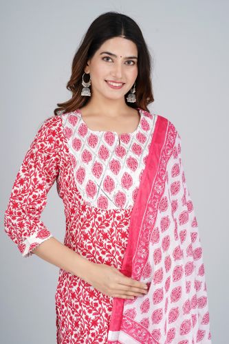 White With Pink Print Cotton Kurti With Printed Palazzo and Cotton Dupattaa