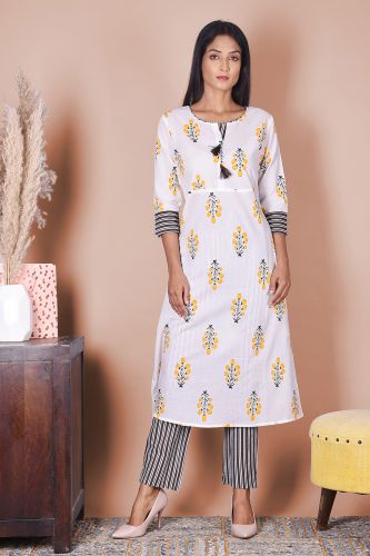 White & Black Printed Kurta With Striped Palazzo 