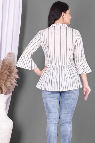 Grey and White Striped Printed Flared Casual Cotton Top